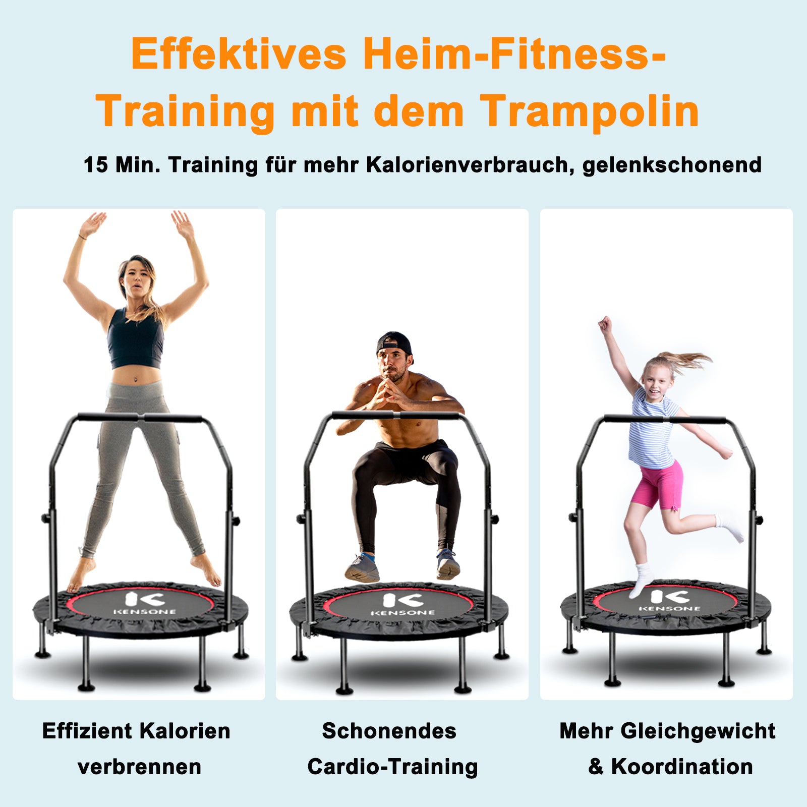 Foldable Mini Trampoline with Adjustable Handrail, 101.6 cm Fitness Trampoline